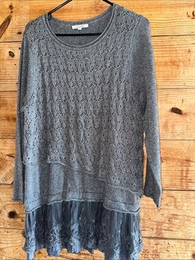 John Mark Asymmetrical Gray Lace Knit Layered Tunic Sweater